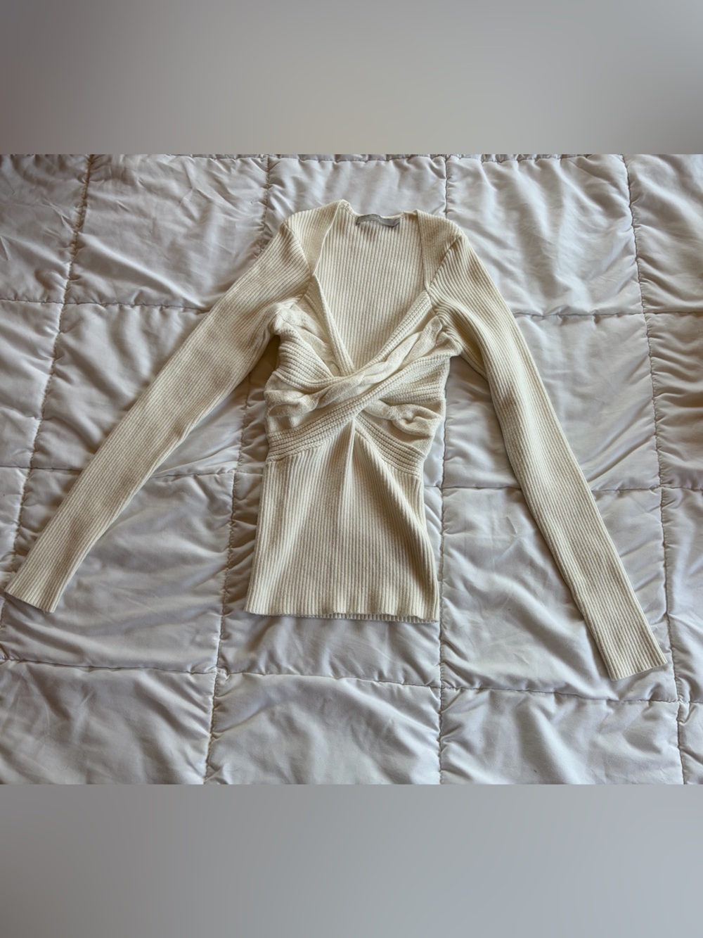 Twist-Front Ribbed Knit Long Sleeve Top - Cream